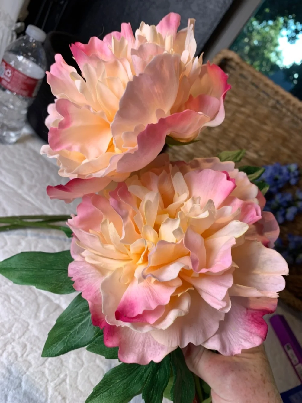 5 Faux floral stems-blue Delphiums, peachy pink peonies.